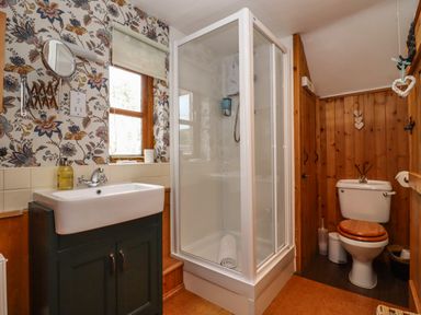 A bathroom with a shower enclosure a sink and a toilet in a room with wood paneling and floral wallpaper at Runnymede in Tewkesbury