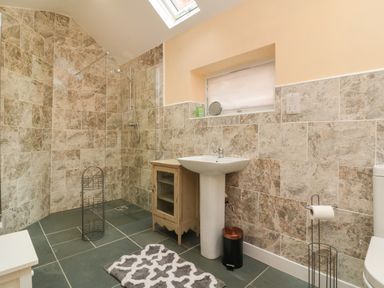 A bathroom with a walk-in shower sink toilet small cabinet and a skylight at Hill Coach House in Watchet