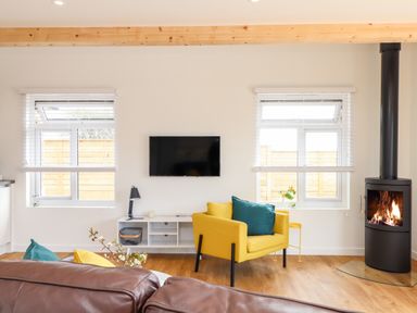 A living room with a yellow armchair a wall-mounted television and a wood stove at Apple Blossom Barn in Gulval near Penzance