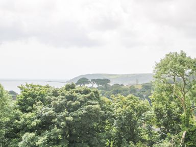 A landscape with dense green trees a distant coastline and hills at Apple Blossom Barn in Gulval near Penzance