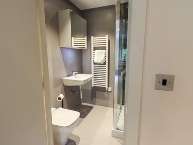 A bathroom with a toilet sink towel rail and shower at Rivers Edge in Newby Bridge
