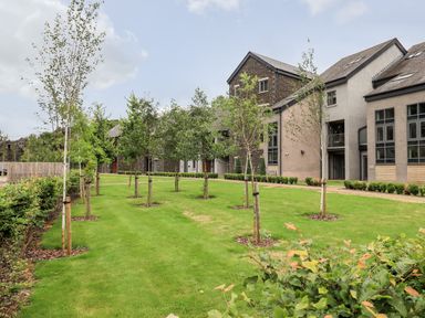 A grassy yard with young trees in front of stone and stucco buildings at Rivers Edge in Newby Bridge