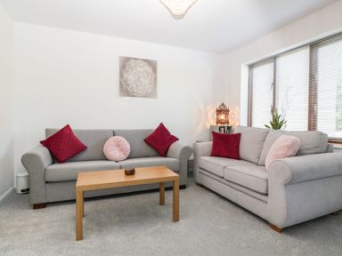 A living room with two grey sofas red and pink cushions wooden coffee table and window blinds at 16 Mythern Meadow in Bradford-On-Avon