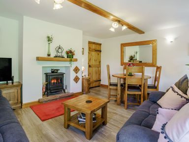 A living room with a fireplace wooden furniture dining table and chairs and a large mirror at Kavieng in Glangrwyney near Gilwern