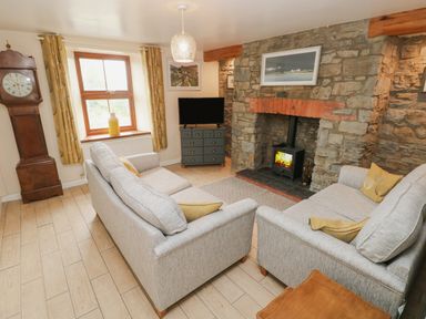 A living room with two sofas a stone fireplace and a grandfather clock at Brynawel in Llangynin near Llanboidy