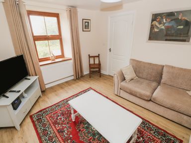 A living room with a beige sofa a white coffee table a red patterned rug a wooden chair a television on a white stand and a window with beige curtains at Brynawel in Llangynin near Llanboidy