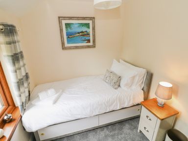 A small bedroom with single bed white bedding bedside table with lamp and window with check curtains at Brynawel in Llangynin near Llanboidy