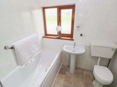 A bathroom with a bathtub sink toilet and a window at Brynawel in Llangynin near Llanboidy