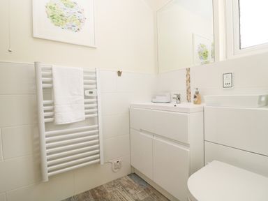 A bathroom with a white towel heater radiator a white sink cabinet a soap dispenser and a toilet at Rathillet Feock near Truro