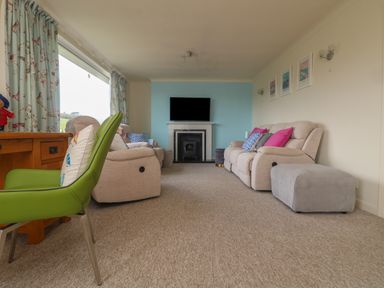 A living room with sofas a green chair a fireplace and a TV at Rathillet in Feock near Truro