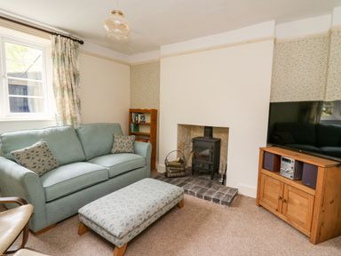 A living room with a sofa ottoman wood stove and television on a cabinet at Myrtle Villa in Knighton