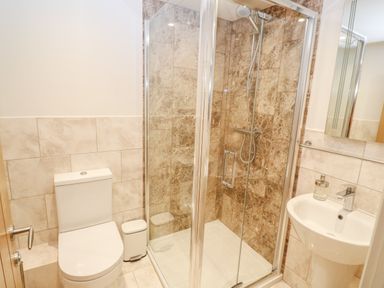 A bathroom with a toilet a shower with glass doors and a sink with a mirror at 16 Arwenack Street in Falmouth