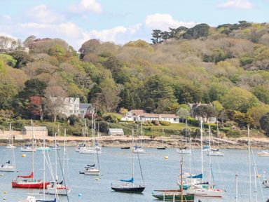 A coastal scene with sailing boats on the water and houses on a tree-covered hill at 16 Arwenack Street in Falmouth