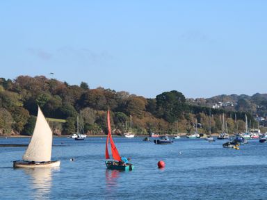 A body of water with sailboats and a shoreline with trees at 16 Arwenack Street in Falmouth