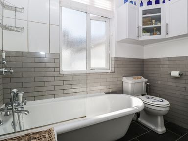 A bathroom with a clawfoot bathtub a toilet with an anchor design on the seat and a wall cabinet in Ferriwais Appledore