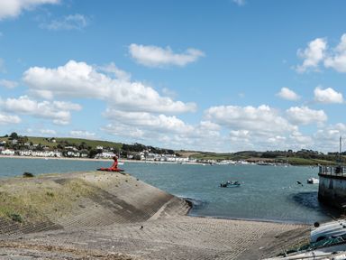 A harbor with boats on water and houses on a grassy shoreline at Ferriwais in Appledore