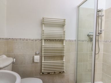 A bathroom with a toilet sink shower enclosure and a wall-mounted towel radiator at Spring Cottage in Pentre-Cwrt
