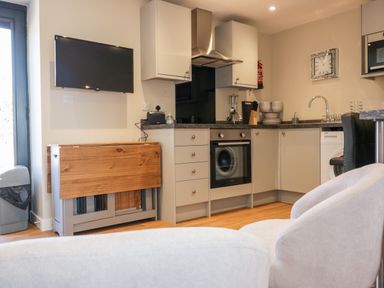 A kitchen with grey cabinets oven washing machine clock and a mounted tv at The Granary in Helland near Bodmin