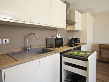A kitchen with white cabinets a stainless steel sink a microwave oven and kitchen appliances at Crowthers in Dartmouth