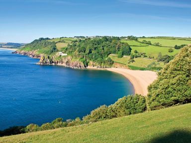 A coastal landscape with a sandy beach water cliffs and green fields at Crowthers in Dartmouth