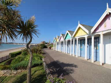 A row of colorful beach huts along a paved path next to a beach and palm-like trees at Seaside House in Weymouth