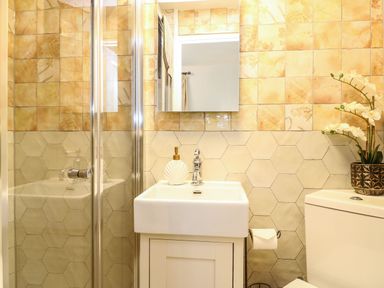 A bathroom with a shower enclosure a sink with a soap dispenser a mirror and a toilet with a plant on top at Seaside House in Weymouth