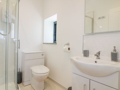 A bathroom with a toilet sink mirror and shower at The Hayloft in Helland near Bodmin