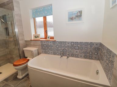 A bathroom with a bathtub tiled with blue patterned tiles a toilet and a walk in shower at Ridley Lodge in West Thirston felton