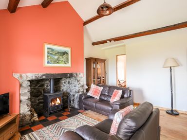 A living room with leather sofas a wood burning stove and a wooden cabinet at Penrallt Fawr in Rhosgadfan near Waunfawr
