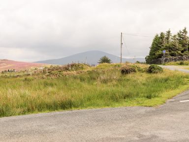 A rural road with grass and bushes beside it with a mountain in the background at Penrallt Fawr in Rhosgadfan near Waunfawr
