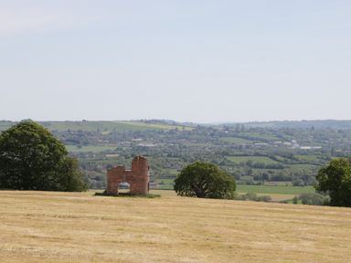 A grassy field with a small brick ruin surrounded by trees and hills in the distance at Long Batch Cottage in Ditcheat