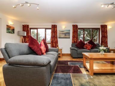 A living room with two grey sofas red pillows wooden coffee table and windows with red curtains at South Boduel Farmhouse in Liskeard