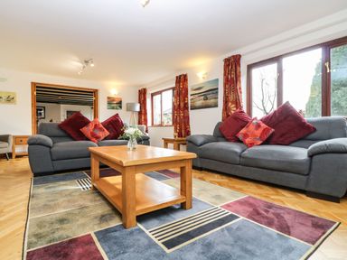 A living room with two gray sofas red cushions wooden coffee table and colorful rug at South Boduel Farmhouse in Liskeard