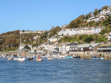 A harbor with boats docked and houses on a hillside at South Boduel Farmhouse in Liskeard
