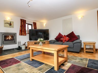 A living room with a sofa cushions wooden coffee table fireplace and television at South Boduel Farmhouse in Liskeard
