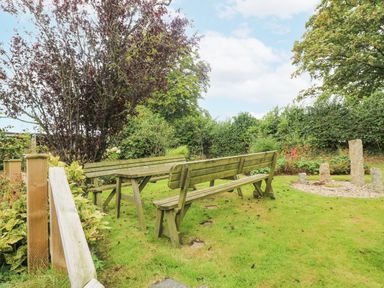 An outdoor garden area with wooden benches and a table surrounded by trees and bushes at South Boduel Farmhouse in Liskeard