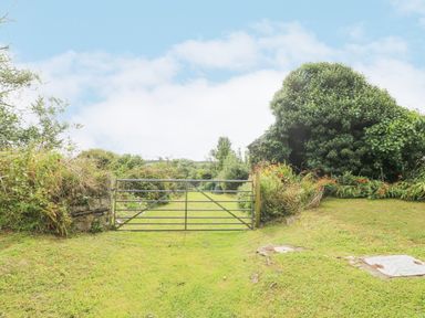 A metal gate on a grass path with bushes and trees around at South Boduel Farmhouse in Liskeard