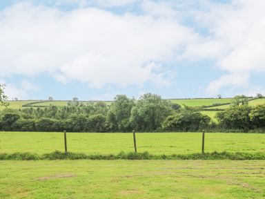 A grassy field with a fence and trees in the background under a partly cloudy sky at South Boduel Farmhouse in Liskeard