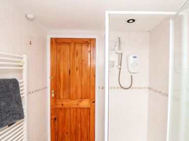 A bathroom with a wooden door a radiator with a dark towel and a shower enclosure at Keepers Cottage in Liskeard