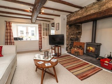 A living room with a fireplace wood burner tv on a stand coffee table and striped rug at Lavender Cottage in South Zeal