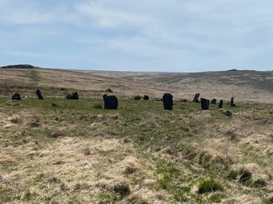 A moorland landscape with scattered standing stones under a cloudy sky