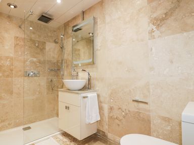 A bathroom with a walk in shower a vanity unit with a vessel sink a mirror and a toilet at Westfields Kennards House near Launceston