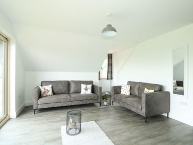 A sitting room with two gray sofas and animal-themed pillows at The Attic in Blackborough End near King's Lynn