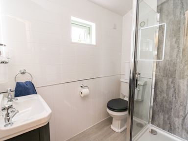 A bathroom with a sink a toilet and a glass shower cubicle at Hwyl Rhayader near Llandrindod Wells