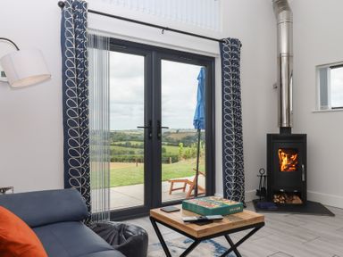 A living room with a stove and coffee table at The Cadeleigh near Tiverton
