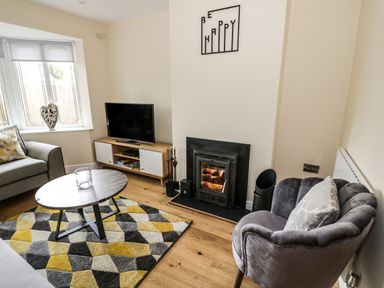 A living room with a TV on a stand a round coffee table a fireplace a gray armchair and patterned rug at Globe Cottage in Stratford-Upon-Avon