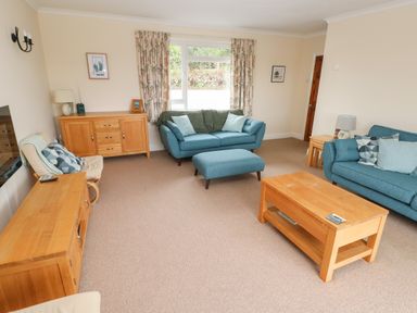 A living room with two blue sofas a wooden coffee table and sideboards at Trem Y Morfa in Newport Pembrokeshire