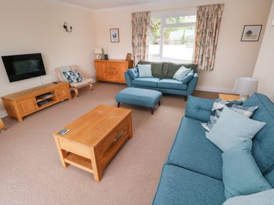 A living room with two blue sofas a wooden coffee table and TV at Trem Y Morfa in Newport Pembrokeshire