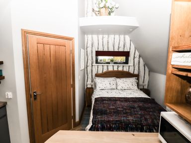 A bedroom with a bed under a small window and wooden door at Silver Birch Lodge in Misterton