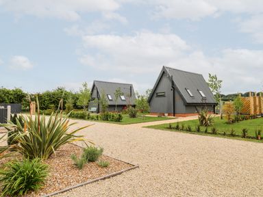 Two grey A-frame houses on green lawns along gravel paths with small plants and bushes at Silver Birch Lodge in Misterton